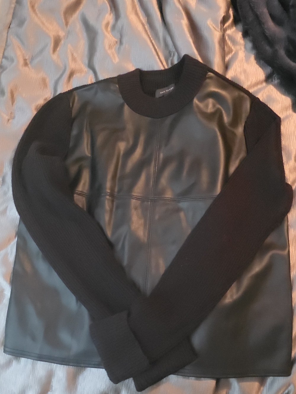 Ann Taylor Black Faux Leather Panel Sweater - Modern Crewneck